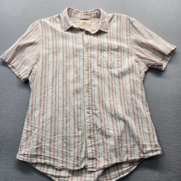 Marine Layer Mens L Short Sleeve Button Down Shirt Striped Red Blue White Hemp - Picture 2 of 8